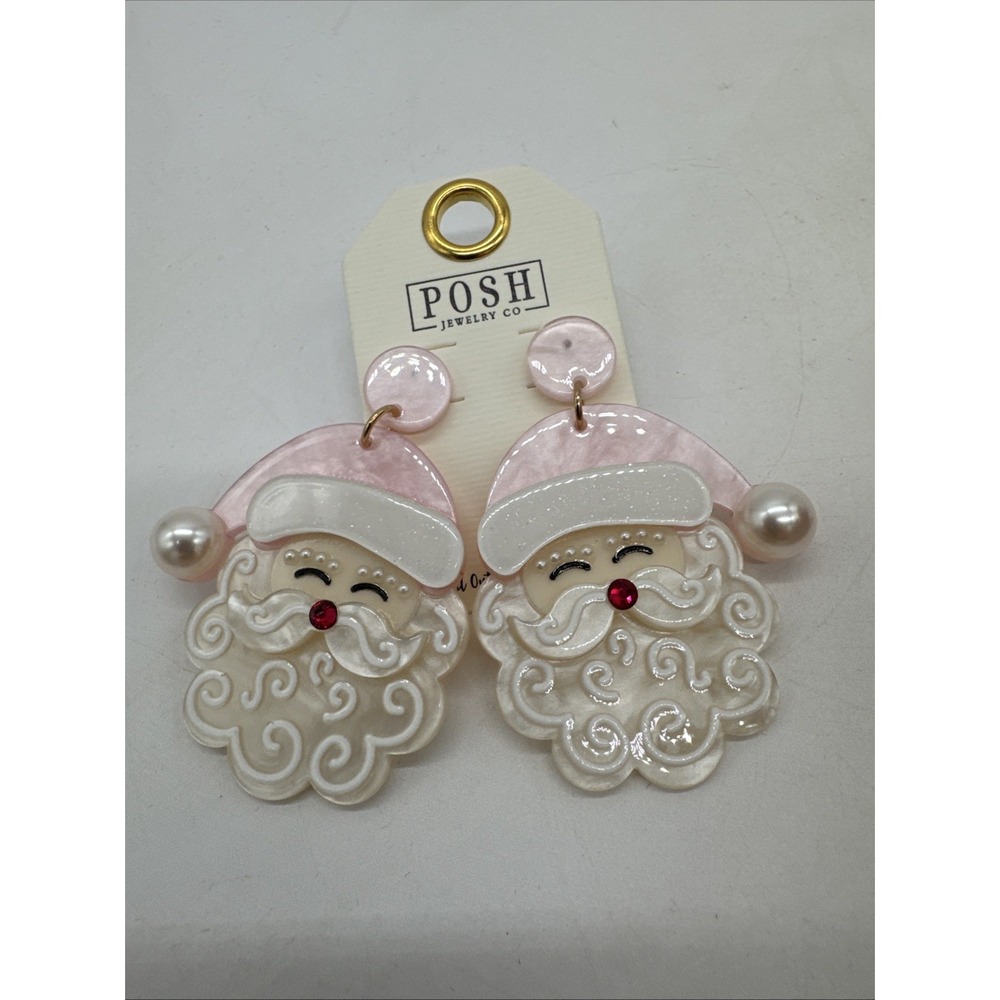 Women Earrings Posh Jewelry Pastel Pink Santa Dangle 2.5"